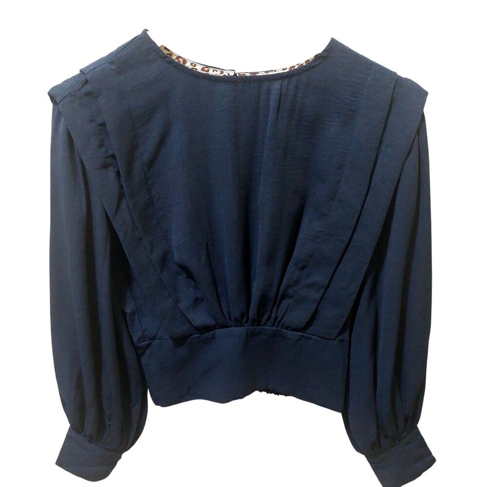 NWT Umgee Navy Solid Defined Shoulder Crepe Blouse~Long Sleeve - Picture 3 of 10